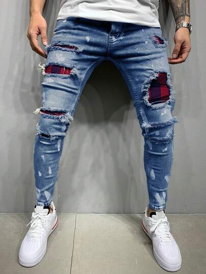 Grunge Punk Men's Pocket Distressed Skinny Casual Jeans