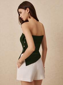 Poéselle 度假休闲纯色侧开衩抹胸上衣 - 軍綠色 - 查看 6