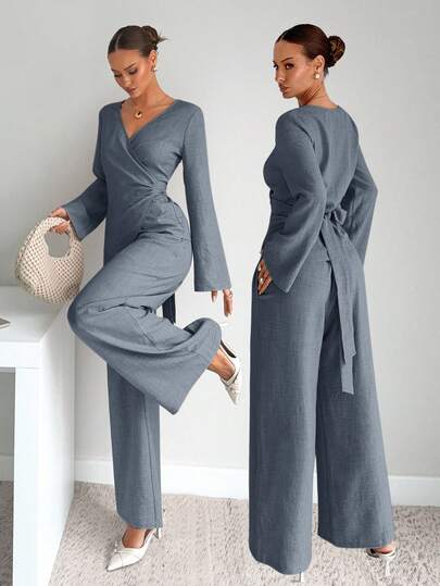 Siren Gaze Conjunto de camisa fruncida de unicolor y pantalones de pierna ancha para mujer, nueva colección de otoño