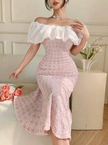 DAZY Women's Sexy & Elegant Off-Shoulder Contrast Ruffle Houndstooth Jacquard Mermaid Hem Fitted Dress - Pink - View 6