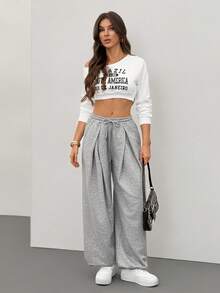 SHEIN Tall 女士秋冬街头风基本款日常休闲外出灰色宽松低腰束口裤 Y2k - 灰色 - 查看 7