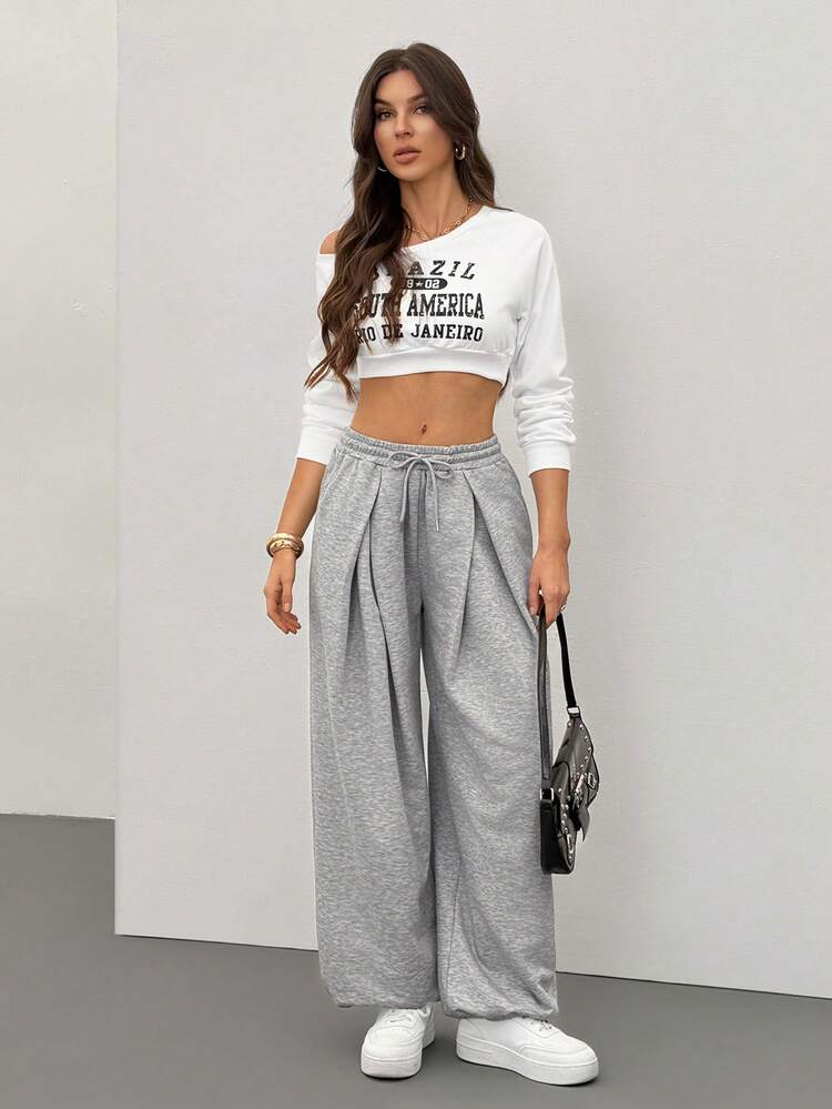 SHEIN Tall 女士秋冬街头风基本款日常休闲外出灰色宽松低腰束口裤 Y2k - 灰色 - 查看 6