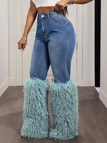 Slaydiva Women's Casual Fashion High Waist Patchwork Faux Fur Denim Jeans - Blue - View 3