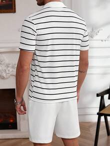 Core Aspect 男士纯色短袖休闲 Polo 衫和长裤套装，男士夏季服装，男士纯色 Polo 衫和短裤套装，日常休闲简约男士两件套，休闲两件套，男士条纹短袖 Polo 衫和西装短裤套装，男士两件套 - 黑與白 - 查看 2