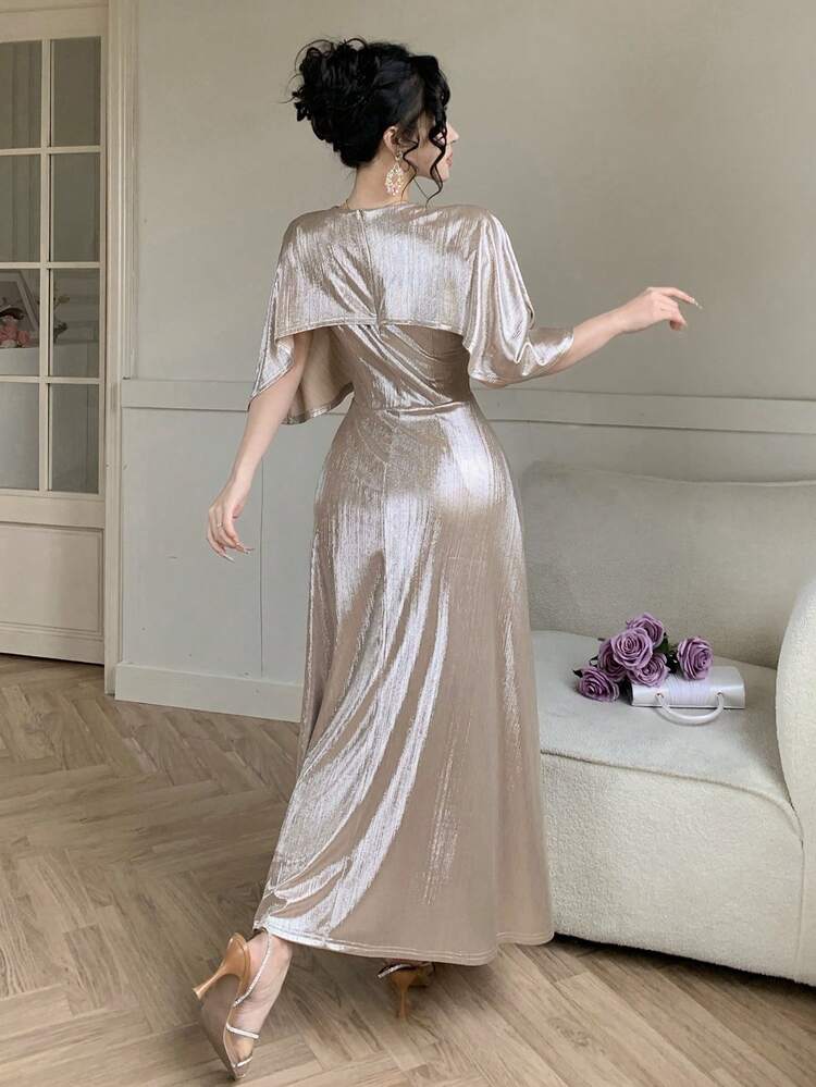 Women's Elegant Shiny Pleated Long Dress, Summer Wedding Guest Dress Sparkly Dress Maxi Dress Sundress