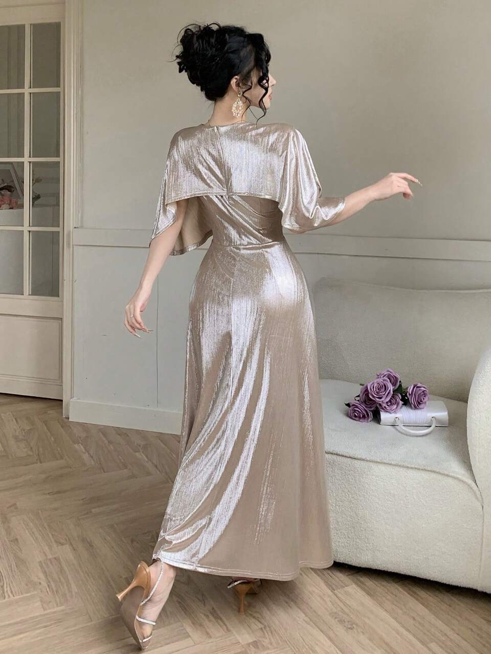 Women's Elegant Shiny Pleated Long Dress, Summer Wedding Guest Dress Sparkly Dress Maxi Dress Sundress