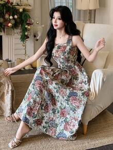 DAZY Women's Elegant Floral Print Sleeveless Dress With Square Neckline, Summer - Apricot - View 6