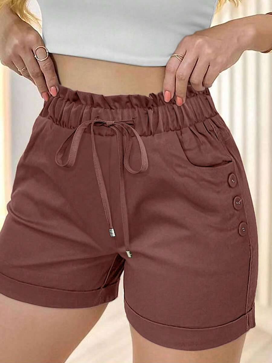 SHEIN LUNE Quần short nữ dáng suông, cạp chun, gấu quần xắn, màu trơn, kiểu túi giấy, đa năng cho đi làm hàng ngày và mùa hè. - Cocoa - Xem 1