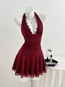 Elamini 女士酒红色V领露背蕾丝紧身连衣裙，适合情人节穿着