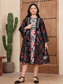 SHEIN جلابياتjalabiya Tween Girl Long Sleeve Dress With Mesh Overlay Jacket Girls Long Sleeve Prairie Maxi Dress Modest Dress For Girls - Black - View 5