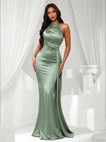 Coutiva Women Elegant Sequin Splice Halter Evening Party Dress, Wedding Guest Dress Music Festival Spring/Summer, Formal Dress, Gown - Green - View 1