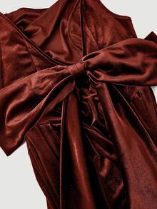SHEIN MOD Plus Size Vintage Red Open Back Bow Tie A-Line Midi Dress, Wedding Dress, Date Dress, Valentine's Day Dress - Brown - View 3