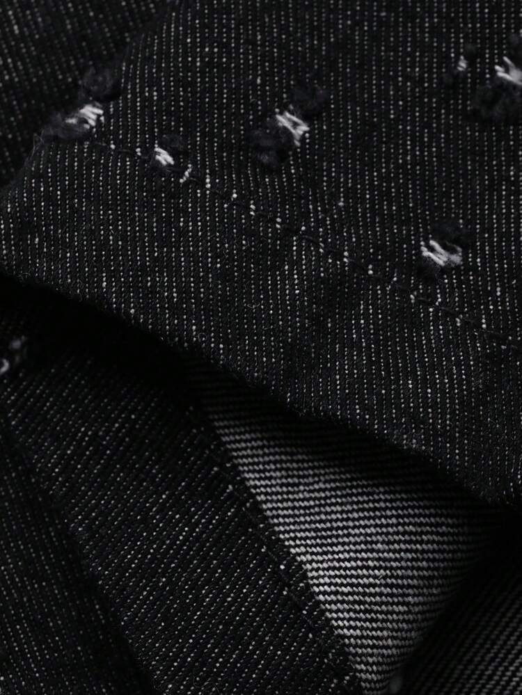 Men's Distressed Black Denim Suit Set, Suitable For Spring And Autumn