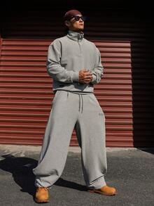 DAZY 男士纯灰色褶皱长裤及套头卫衣套装，春季款 - 灰色 - 查看 3