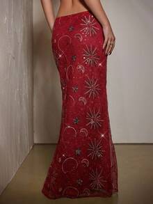 SHEIN BAE 女士优雅百搭亮片拼接日月星图案迷你裙，适合约会和派对，夏季 - 酒紅色 - 查看 5