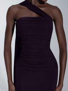 Elitara Elegant Brown Strapless High Stretch Glossy Mesh Ruched Fishtail Asymmetric Shoulder Hanging Flounce Dress, Suitable For Dates, Weddings, Events, Bridesmaid - Purple - View 2