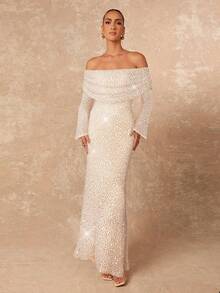 Lumalex Off-Shoulder Ruffle Hem Bodycon Long Sleeve Dress For Women Off The Shoulder Long Sleeve Off Shoulder Dress - Apricot - View 6