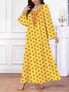Al Najma Women's Arabic Graphic Print V-Neck Long Sleeve Shalky Printed Jalabiya Dress, Modest Full Length Dresses - Yellow - View 3