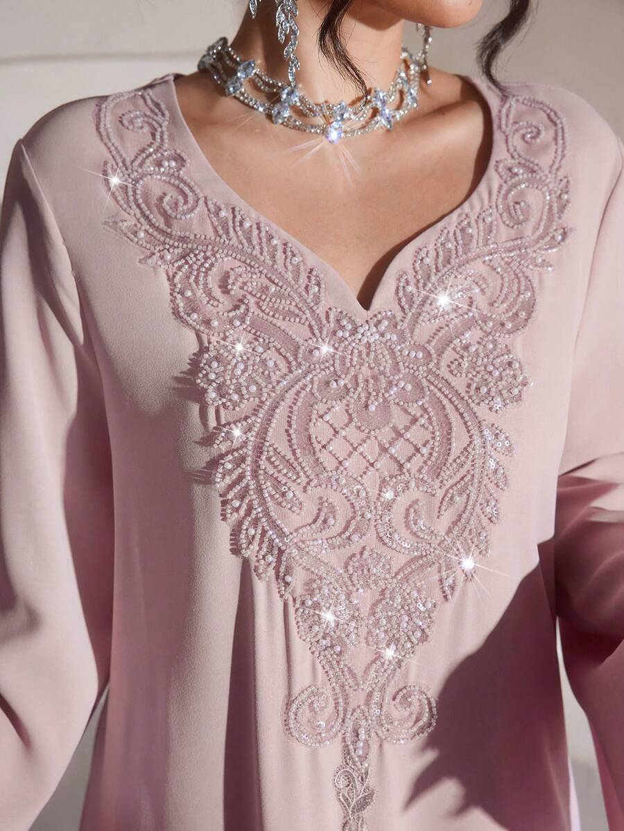 Al Najma Luxurious Embroidered & Beaded Loose Long Sleeve Split Maxi Dress, Turkish & Arabic Traditional Style - Pink - View 1