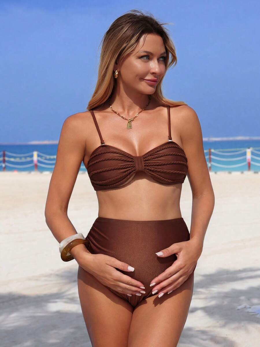 SHEIN 孕妇纯色褶皱性感比基尼泳衣套装，夏季海滩 - 棕色 - 查看 1