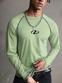 AXEPEAK Men's Geometric Print Crew Neck Raglan Long Sleeve Casual T-Shirt - Green - View 3