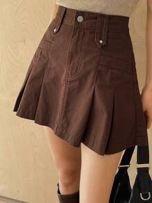 DAZY Women's Regular Waist Pleated Mini Skirt, Casual & Youthful Denim A-Line Skirt - Brown - View 3