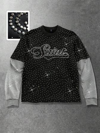 2026 Primavera, Otoño y Verano Camiseta de cuello redondo casual para hombres con adornos de rhinestone, Blusa de manga larga 2 en 1 de moda unisex para mujeres