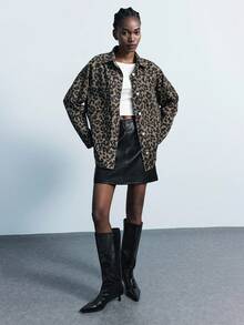 Maija Plus-Size Leopard Print Denim Shirt, Casual Loose Jacket,Y2K Style,Brown Top,Y2k Clothes,Going Out Top - Multicolor - View 4