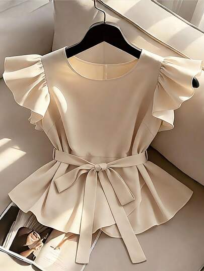 GlowEve CURVE Plus Size Women's Solid Color Round Neck Cap Sleeve Elegant Blouse