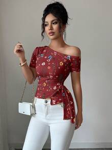 Elenzga 女士不对称下摆印花紧身单肩T恤，春夏款 - 彩色 - 查看 4