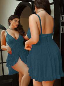 SHEIN 2 件大码蕾丝网眼拼接性感女士睡衣套装 [睡袍 + 裤子] - 水鴨藍 - 查看 4