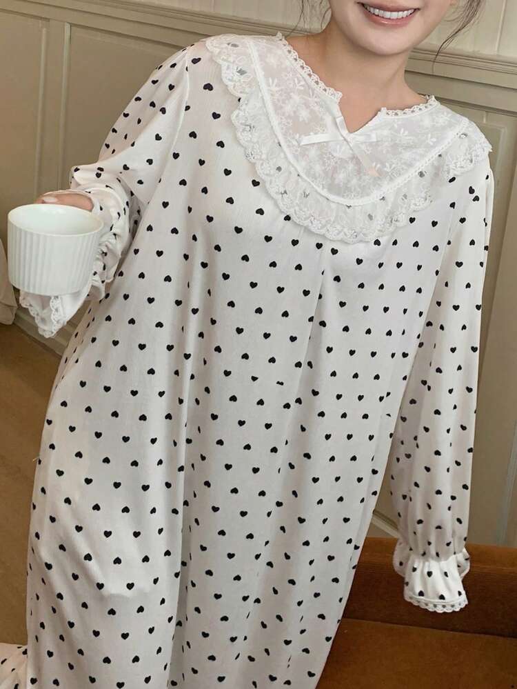 Dazy Plus Plus Size Women Heart & Floral Contrast Lace Elegant Long Nightgown