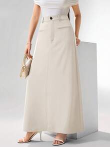 Heiryn 女士纯色腰部纽扣设计休闲通勤裙 - 米色 - 查看 4