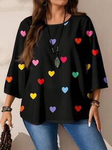 EMERY ROSE Áo thun nữ cỡ lớn in hình trái tim nhiều màu sắc, dáng rộng, cổ tròn, tay lỡ 3/4, thích hợp cho ngày Valentine, kỳ nghỉ/mùa hè/mùa xuân. - Nhiều màu - Xem 9