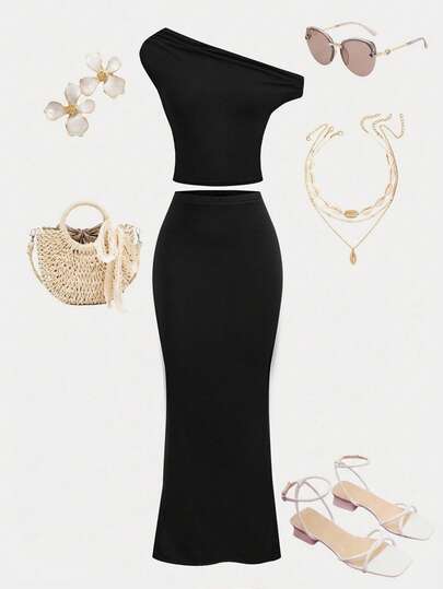 SHEIN Girlism Tween Girl Blue Casual Floral Pattern Asymmetric Ruched Fitted Skirt 2-Piece Set, Suitable For Summer, Vacation Outfit Summer Outfits