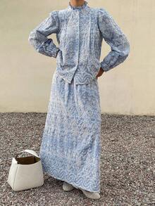 DAZY 女士优雅花卉刺绣荷叶边领衬衫和半裙两件套，春夏款 - 藍色 - 查看 4