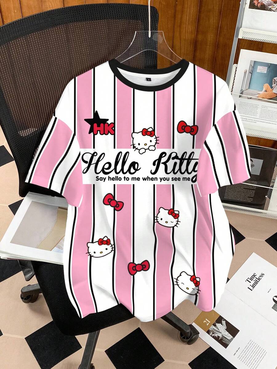 HELLO KITTY AND FRIENDS | SHEIN 女士条纹卡通图案圆领短袖T恤 - 白色 - 查看 1