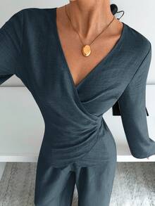 Siren Gaze Elegant Dusty Blue V Neck Wrap Regular Sleeve Blouse And Full Length Plain Woven Fabric Pants Two-Piece Outfit For Women - Dusty Blue - View 6