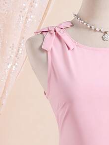 SHEIN Đầm không tay phối vạt chéo họa tiết hoa in kỹ thuật số, khóa kéo, trang trí nơ thanh lịch, phù hợp cho nữ sinh tuổi teen, mùa xuân/hè, mặc thường ngày, đi nghỉ mát, dự tiệc. - Hồng - Xem 3