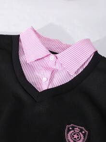 Sparklyn 两件套少女双腰带裤装，休闲两件套，长袖宽松露脐上衣搭配直筒裤，适合春、秋、冬日常穿着，饰有刺绣和贴布装饰 - 黑色 - 查看 8