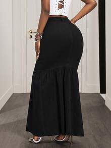 Slaydiva Chân váy denim ôm sát người, màu trơn, cài một hàng cúc, dáng đuôi cá, dành cho nữ, thanh lịch. - màu đen - Xem 2