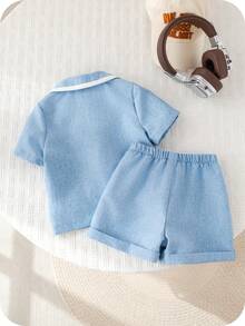 SHEIN 2pcs Baby Boy Preppy Gentleman Outfit, Contrast Color Short Sleeve Blazer And Elastic Waist Shorts Set, Suitable For Birthday Party, Rave, Evening Party, Performance, Wedding, Baby Shower, 1st Birthday Celebration Baby Boy Blue Suit Blazer For Baby Boy 18m Boy Dress Suit - Multicolor - View 2