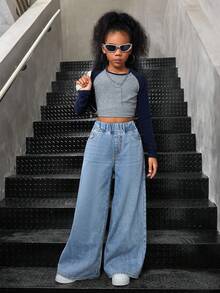 SHEIN Girls' Casual Basic Blue Denim Loose Pants - Light Wash - View 5