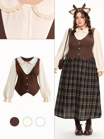 ROMWE Fairycore Plus Size Women Lace Patchwork Turndown Collar 2 In 1 Shirt