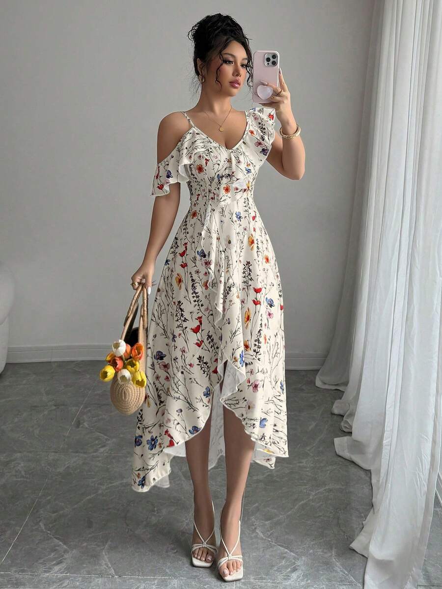 Elenzga Elegant Asymmetric Ruffle Floral Print Summer Dress - Apricot - View 1