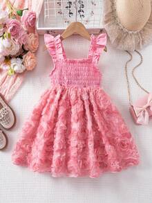Glamorique Kids 女童纯色短袖碎花拼接优雅夏季连衣裙 - 粉色 - 查看 7
