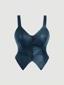 SHEIN MOD 加大码黑色PU皮革简约修身背心皮革文胸皮革内衣皮革上衣女士黑色皮革上衣 - 藏蓝色 - 查看 1