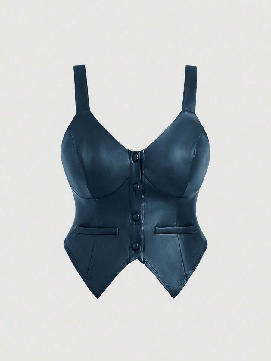 SHEIN MOD 加大码黑色PU皮革简约修身背心皮革文胸皮革内衣皮革上衣女士黑色皮革上衣 - 藏蓝色 - 查看 1