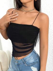 SHEIN PETITE YK2 “辣妹”性感网纱镂空无肩带吊带背心，适合夜店和海滩度假穿着 - 黑色 - 查看 3