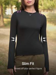 SHEIN Tricou sport pentru femei In My Nature, cu guler rotund, mânecă lungă și cusături contrastante, pentru drumeții și camping - Negru - Vizualizare 3